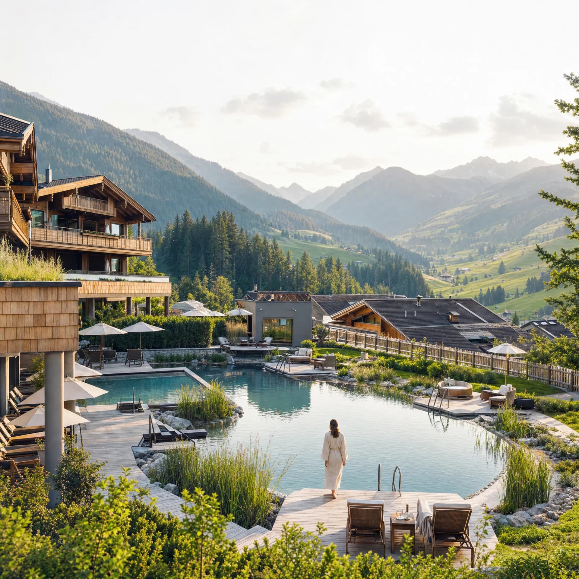 Hotelanlage mit Naturpool vor einer Berglandschaft